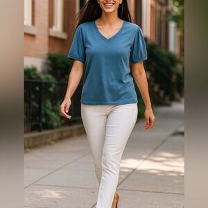 Mod Ref Blue Short Sleeve V-Neck Blouse Top